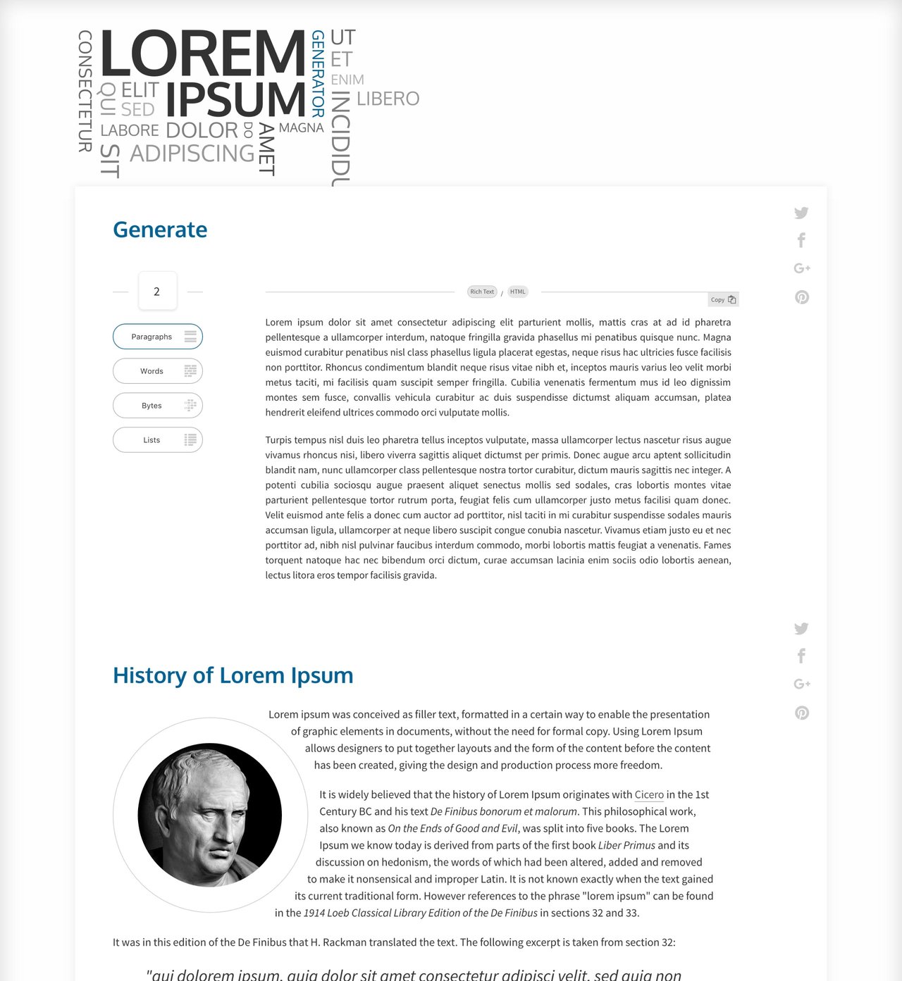 Lorem Ipsum Generator Website Screenshot