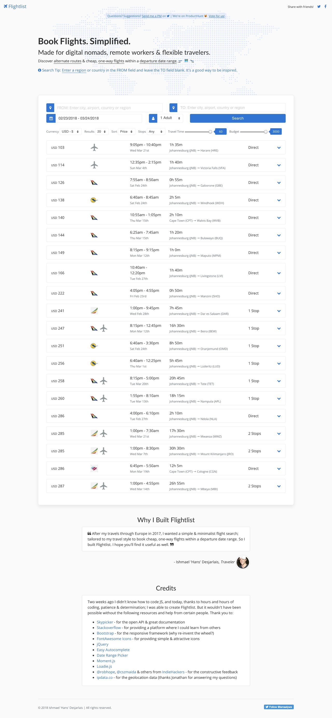 Flightlist Website Screenshot