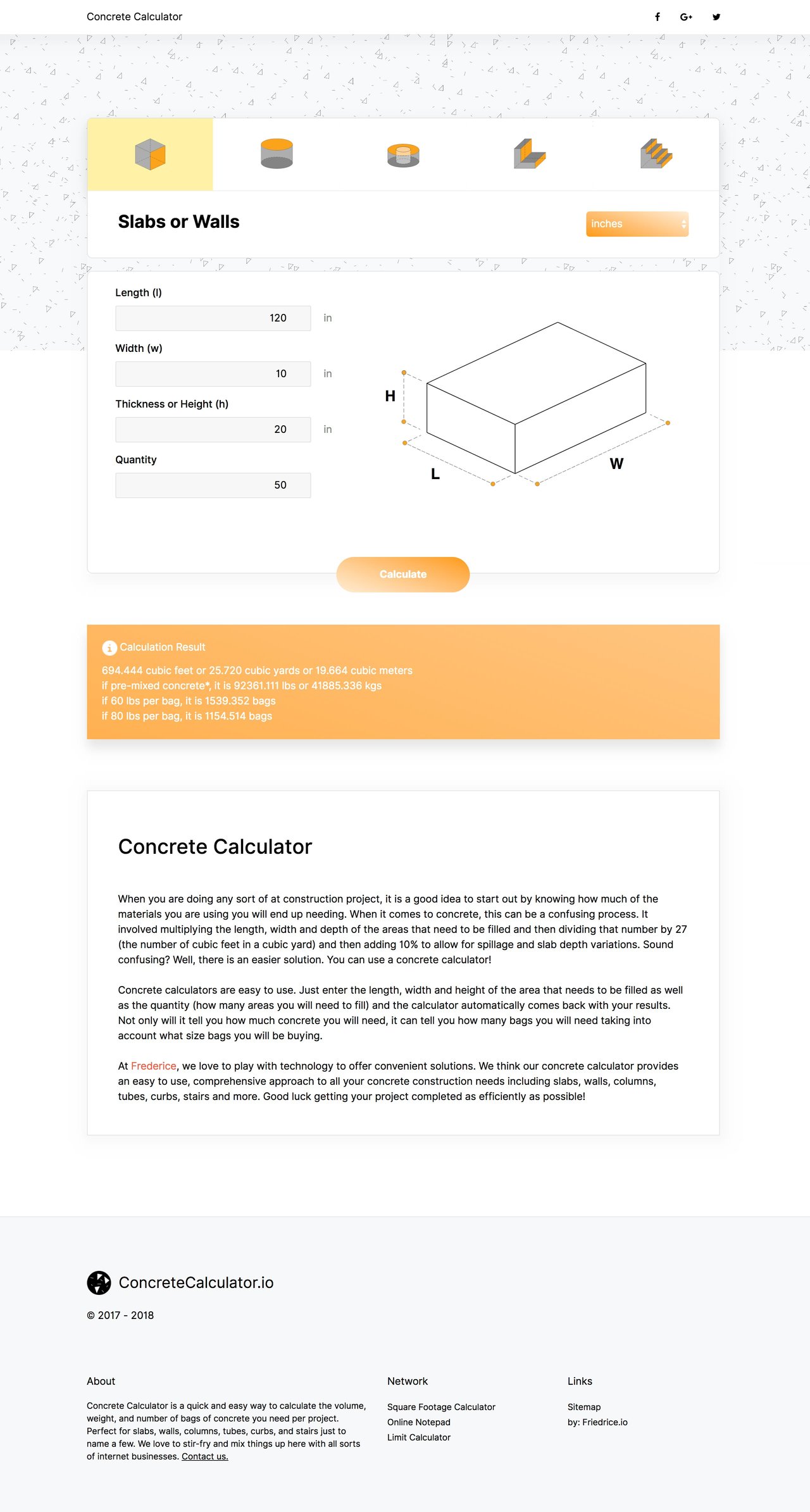 Concrete Calculator Website Screenshot