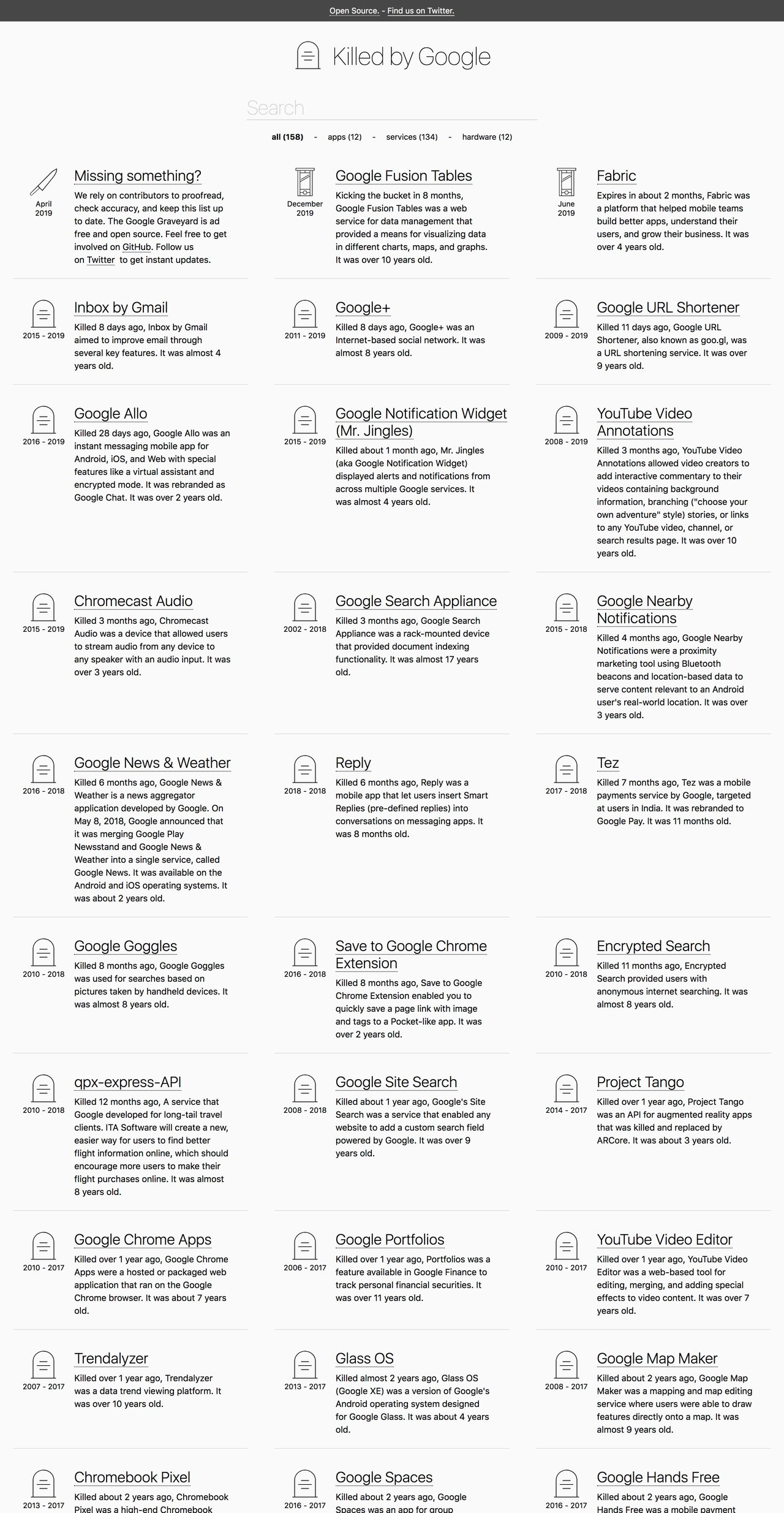 Killed by Google Website Screenshot