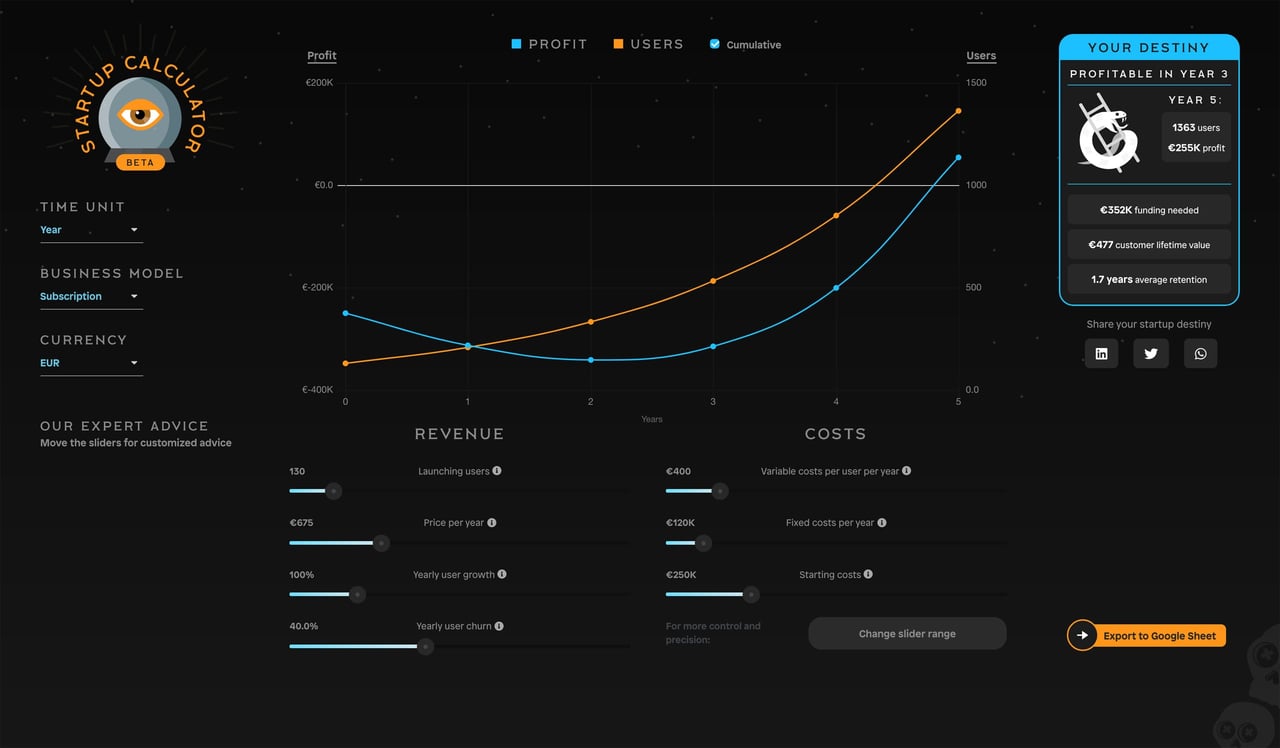 Startup Calculator Website Screenshot