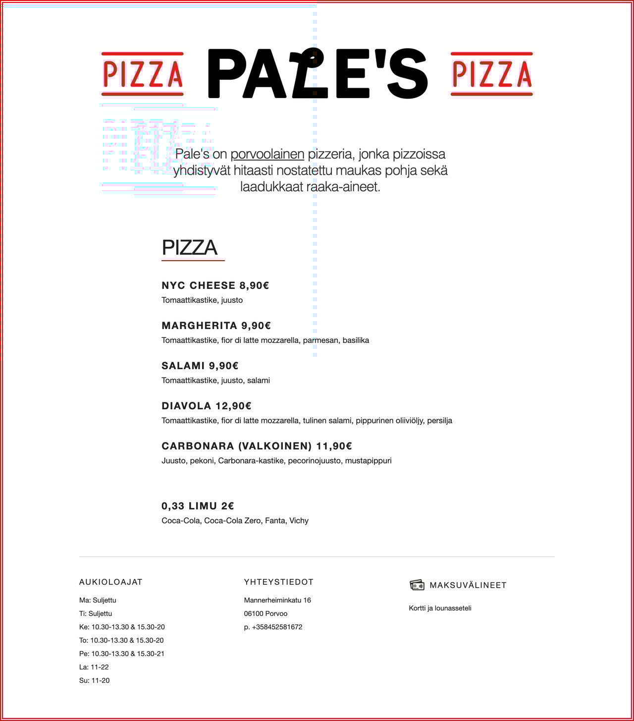 Pizzeria Pale’s Website Screenshot