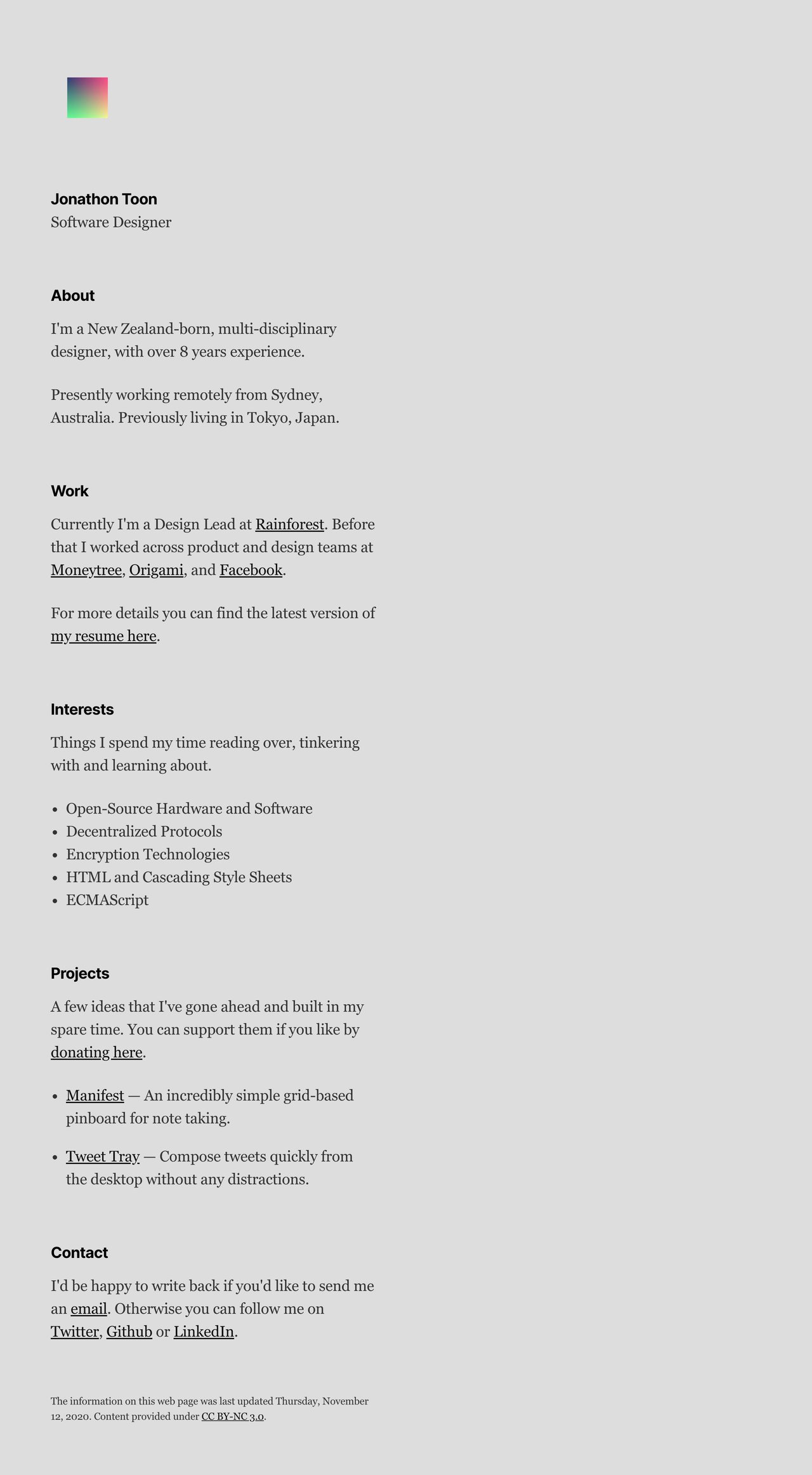 Jonathon Toon Website Screenshot