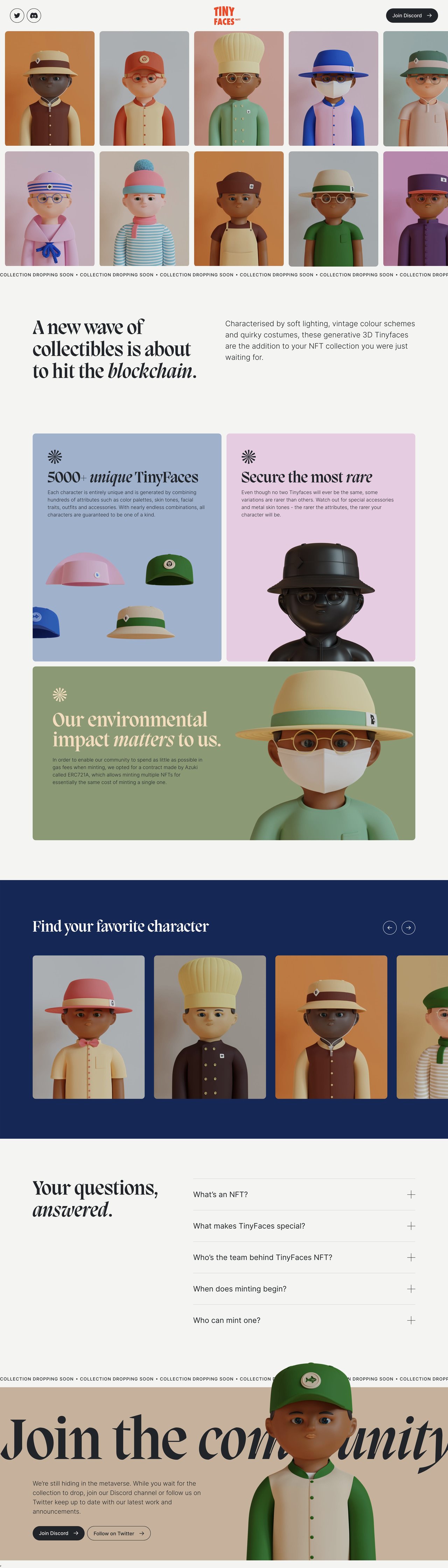 TinyFaces NFT Website Screenshot