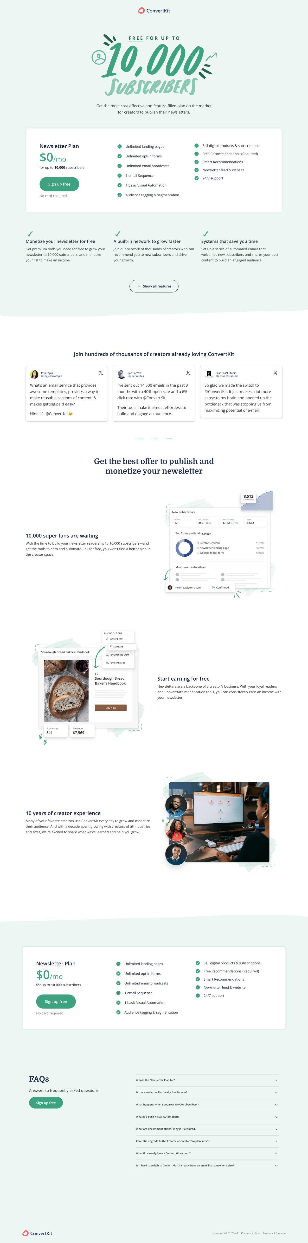 Convert Kit – Newsletter Plan Website Screenshot