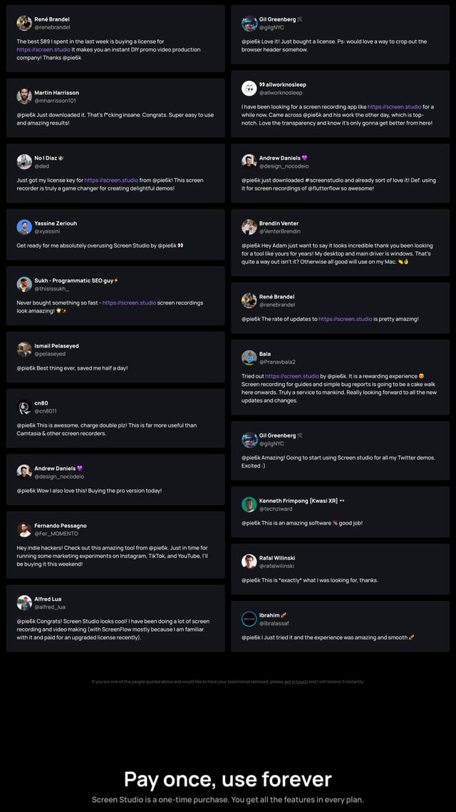 Screen Studio Testimonial Tweets Preview