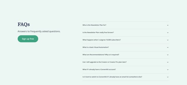 Convert Kit – Newsletter Plan FAQ Accordion Preview