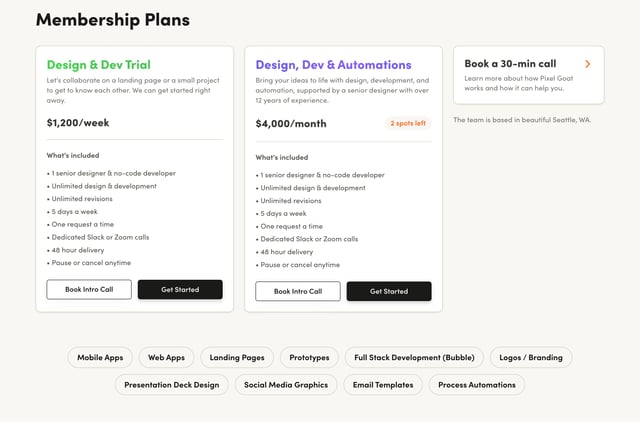 Pixel Goat Pricing Table Preview