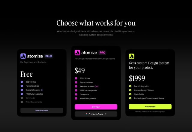 Atomize Design System Pricing Table Preview