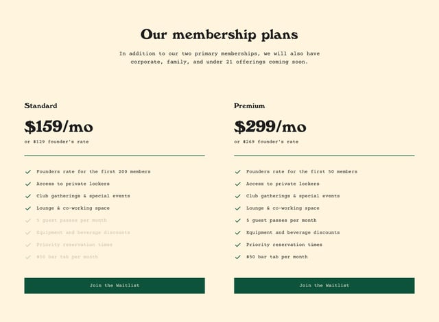 Eastside Paddle Club Pricing Table Preview