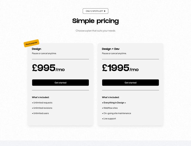 Digital Flow Pricing Table Preview