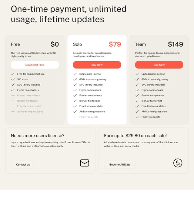 Griddy Icons Pricing Table Preview