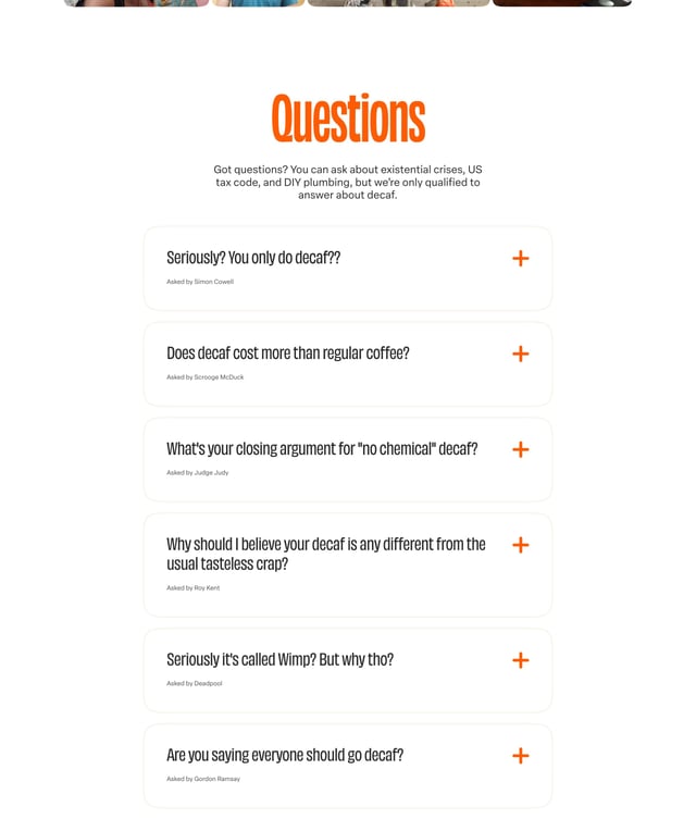 Wimp Decaf Coffee Co FAQ Accordion Preview