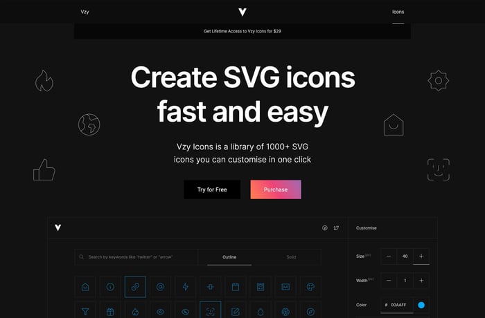Vzy Icons website preview