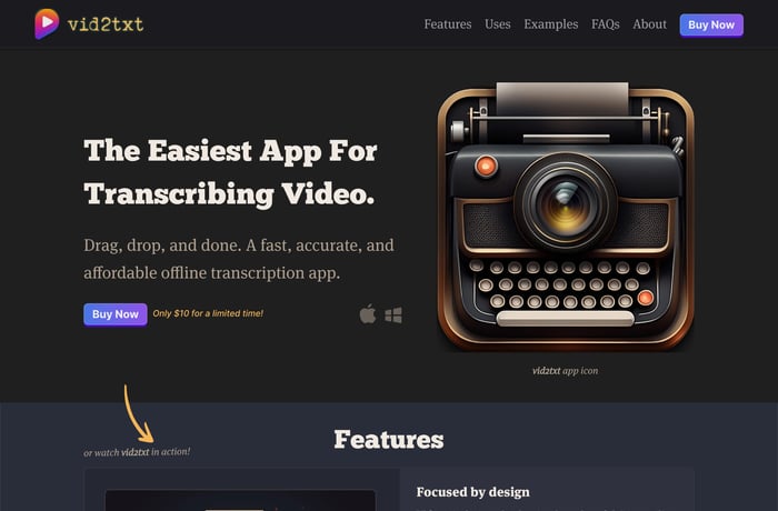 Vid2txt website preview