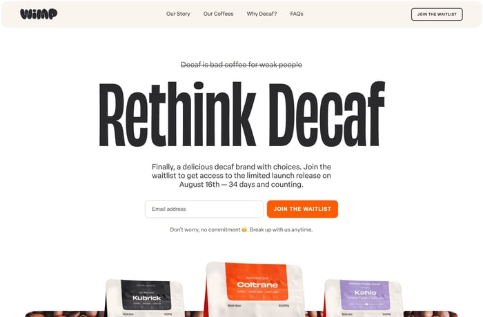 Wimp Decaf Coffee Co website preview