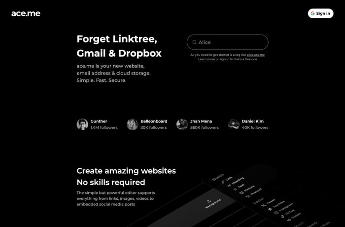 ace.me website preview
